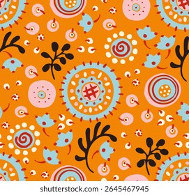 Seamless pattern with fantasy flowers, ethnic rotary repeat fabric and tile design, natural wallpaper, floral decoration curl illustration. Paisley print hand drawn elements. Japandi style