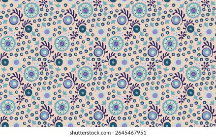 Seamless pattern with fantasy flowers, ethnic rotary repeat fabric and tile design, natural wallpaper, floral decoration curl illustration. Paisley print hand drawn elements. Japandi style