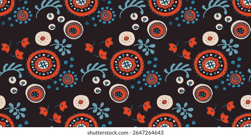 Seamless pattern with fantasy flowers, ethnic rotary repeat fabric and tile design, natural wallpaper, floral decoration curl illustration. Paisley print hand drawn elements. Japandi style