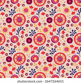 Seamless pattern with fantasy flowers, ethnic rotary repeat fabric and tile design, natural wallpaper, floral decoration curl illustration. Paisley print hand drawn elements. Japandi style