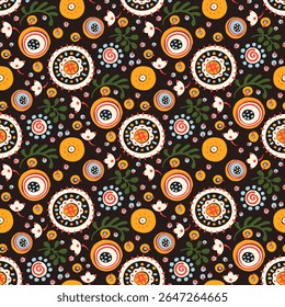 Seamless pattern with fantasy flowers, ethnic rotary repeat fabric and tile design, natural wallpaper, floral decoration curl illustration. Paisley print hand drawn elements. Japandi style