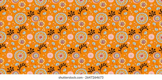 Padrão contínuo com flores de fantasia, tecido de repetição rotativo étnico e design de azulejos, papel de parede natural, decoração floral curl ilustração. Paisley imprimir mão desenhado elementos. Estilo Japandi