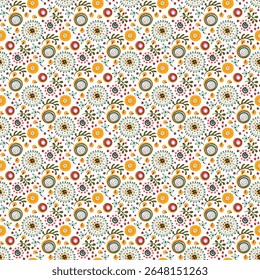 Seamless pattern with fantasy flowers, ethnic rotary repeat fabric and tile design, natural wallpaper, floral decoration curl illustration. Paisley print hand drawn elements. Japandi style