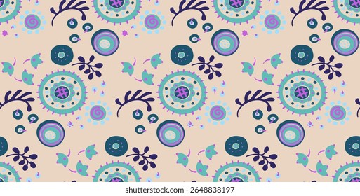 Seamless pattern with fantasy flowers, ethnic rotary repeat fabric and tile design, natural wallpaper, floral decoration curl illustration. Paisley print hand drawn elements. Japandi style