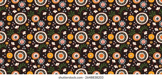 Seamless pattern with fantasy flowers, ethnic rotary repeat fabric and tile design, natural wallpaper, floral decoration curl illustration. Paisley print hand drawn elements. Japandi style