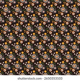 Seamless pattern with fantasy flowers, ethnic rotary repeat fabric and tile design, natural wallpaper, floral decoration curl illustration. Paisley print hand drawn elements. Japandi style