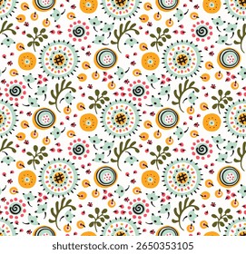 Seamless pattern with fantasy flowers, ethnic rotary repeat fabric and tile design, natural wallpaper, floral decoration curl illustration. Paisley print hand drawn elements. Japandi style
