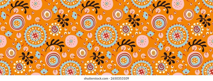 Seamless pattern with fantasy flowers, ethnic rotary repeat fabric and tile design, natural wallpaper, floral decoration curl illustration. Paisley print hand drawn elements. Japandi style