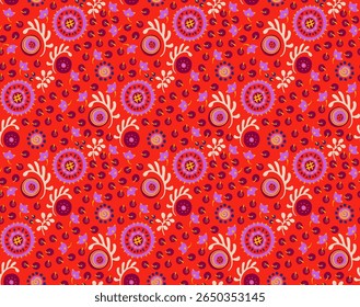 Nahtloses Muster mit Fantasy-Blumen, ethnische Rotations-Repeat-Stoff und Fliesen-Design, natürliche Tapete, florale Dekoration Curl-Illustration. Paisley druckt handgezeichnete Elemente. Japandi-Stil