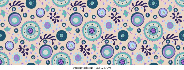 Seamless pattern with fantasy flowers, ethnic rotary repeat fabric and tile design, natural wallpaper, floral decoration curl illustration. Paisley print hand drawn elements. Japandi style