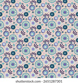 Seamless pattern with fantasy flowers, ethnic rotary repeat fabric and tile design, natural wallpaper, floral decoration curl illustration. Paisley print hand drawn elements. Japandi style