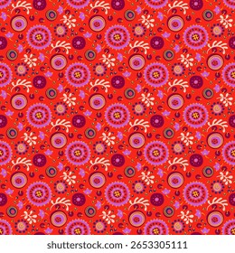Seamless pattern with fantasy flowers, ethnic rotary repeat fabric and tile design, natural wallpaper, floral decoration curl illustration. Paisley print hand drawn elements. Japandi style