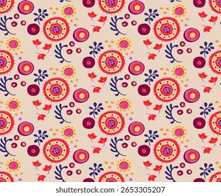 Seamless pattern with fantasy flowers, ethnic rotary repeat fabric and tile design, natural wallpaper, floral decoration curl illustration. Paisley print hand drawn elements. Japandi style