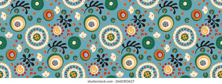Seamless pattern with fantasy flowers, ethnic rotary repeat fabric and tile design, natural wallpaper, floral decoration curl illustration. Paisley print hand drawn elements. Japandi style