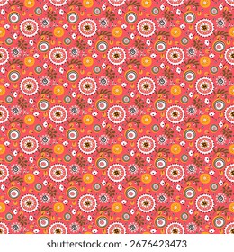 Seamless pattern with fantasy flowers, ethnic rotary repeat fabric and tile design, natural wallpaper, floral decoration curl illustration. Paisley print hand drawn elements. Japandi style
