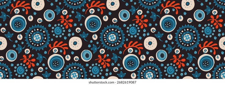 Padrão contínuo com flores de fantasia, tecido de repetição rotativo étnico e design de azulejos, papel de parede natural, decoração floral curl ilustração. Paisley imprimir mão desenhado elementos. Estilo Japandi