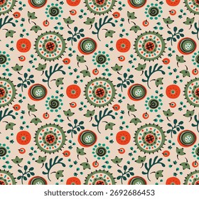 Seamless pattern with fantasy flowers, ethnic rotary repeat fabric and tile design, natural wallpaper, floral decoration curl illustration. Paisley print hand drawn elements. Japandi style