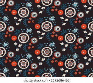 Padrão contínuo com flores de fantasia, tecido de repetição rotativo étnico e design de azulejos, papel de parede natural, decoração floral curl ilustração. Paisley imprimir mão desenhado elementos. Estilo Japandi