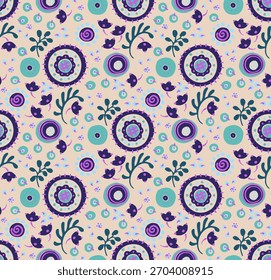 Seamless pattern with fantasy flowers, ethnic rotary repeat fabric and tile design, natural wallpaper, floral decoration curl illustration. Paisley print hand drawn elements. Japandi style