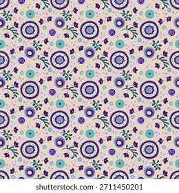 Patrón sin fisuras con flores de fantasía, tela de repetición rotativa étnica y diseño de azulejos, Fondo de pantalla natural, decoración floral rizo ilustración. Elementos dibujados a mano con estampado Paisley. Estilo japonés