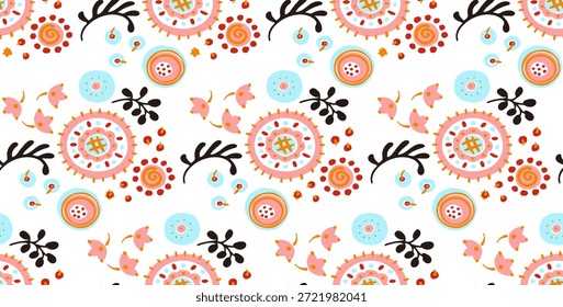 Padrão contínuo com flores de fantasia, tecido de repetição rotativo étnico e design de azulejos, papel de parede natural, decoração floral curl ilustração. Paisley imprimir mão desenhado elementos. Estilo Japandi