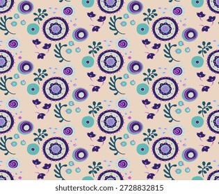 Seamless pattern with fantasy flowers, ethnic rotary repeat fabric and tile design, natural wallpaper, floral decoration curl illustration. Paisley print hand drawn elements. Japandi style