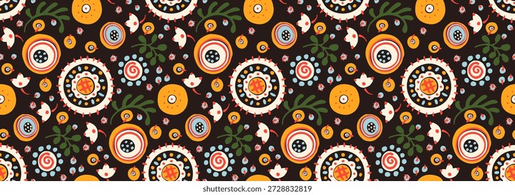 Patrón sin fisuras con flores de fantasía, tela de repetición rotativa étnica y diseño de azulejos, Fondo de pantalla natural, decoración floral rizo ilustración. Elementos dibujados a mano con estampado Paisley. Estilo japonés