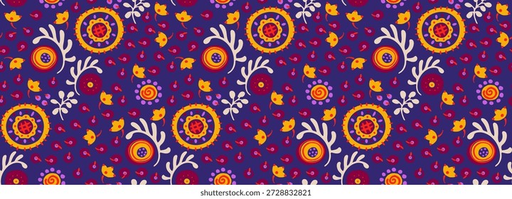 Patrón sin fisuras con flores de fantasía, tela de repetición rotativa étnica y diseño de azulejos, Fondo de pantalla natural, decoración floral rizo ilustración. Elementos dibujados a mano con estampado Paisley. Estilo japonés