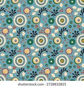Patrón sin fisuras con flores de fantasía, tela de repetición rotativa étnica y diseño de azulejos, Fondo de pantalla natural, decoración floral rizo ilustración. Elementos dibujados a mano con estampado Paisley. Estilo japonés