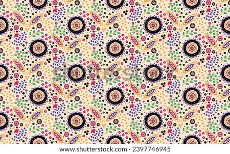 Seamless pattern with fantasy flowers, ethnic rotary repeat fabric and tile design, natural wallpaper, floral decoration curl illustration. Paisley print hand drawn elements.