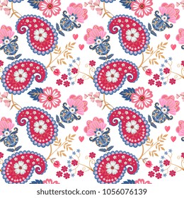 Seamless pattern with fantasy flowers, leaves, paisley and hearts isolated on white background in vector. Natural wallpaper, gift wrap, print for fabric. Summer design.