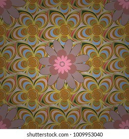 Seamless pattern with fantasy flowers, natural wallpaper, brown, yellow and pink floral decoration curl illustration. Vector paisley print hand drawn elements. Home decor.