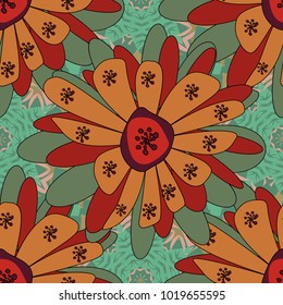 Seamless pattern with fantasy flowers, natural wallpaper, orange, red and green floral decoration curl illustration. Vector paisley print hand drawn elements. Home decor.