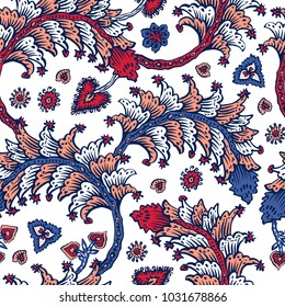Seamless pattern with fantasy flowers, natural wallpaper, floral decoration curl illustration. Paisley print hand drawn elements. Home decor. Jacobean embroidery.