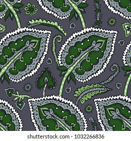 Seamless pattern with fantasy flowers, natural wallpaper, floral decoration curl illustration. Paisley print hand drawn elements. Home decor.