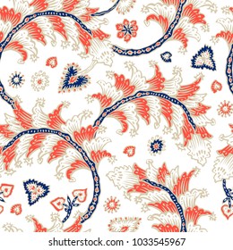 Seamless pattern with fantasy flowers, natural wallpaper, floral decoration curl illustration. Paisley print hand drawn elements. Home decor.