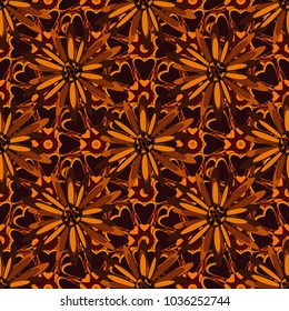 Seamless pattern with fantasy flowers, natural wallpaper, orange, red and brown floral decoration curl illustration. Vector paisley print hand drawn elements. Home decor.
