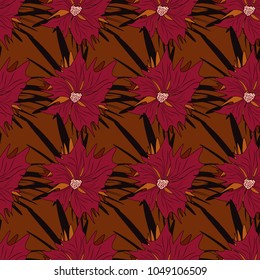 Seamless pattern with fantasy flowers, natural wallpaper, brown, black and red floral decoration curl illustration. Vector print hand drawn elements. Home decor.