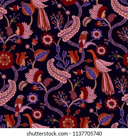 Seamless pattern with fantasy flowers, natural wallpaper, floral decoration curl illustration. Paisley print hand drawn elements. Home decor.
