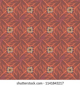 Seamless pattern with fantasy flowers, natural wallpaper, orange, pink and brown floral decoration curl illustration. Vector paisley print hand drawn elements. Home decor.