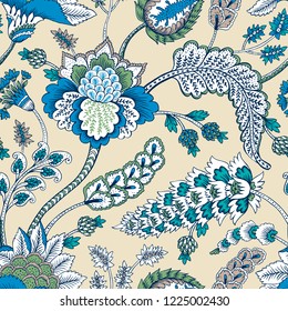 Seamless pattern with fantasy flowers, natural wallpaper, floral decoration curl illustration. Paisley print hand drawn elements. Home decor.