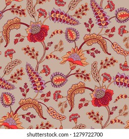 Seamless pattern with fantasy flowers, natural wallpaper, floral decoration curl illustration. Paisley print hand drawn elements. Home decor.