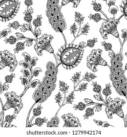 Nahtlose Muster mit Fantasy-Blumen, natürlichen Tapeten, Blumendekoration, kurvenreiche Illustration. Paisley drucken handgezeichnete Elemente. Die Innendekoration.