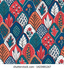 Seamless pattern with fantasy flowers, natural wallpaper, floral decoration curl illustration. Paisley print hand drawn elements. Home decor.  Indian rhombus