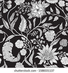 Seamless pattern with fantasy flowers, natural wallpaper, floral decoration curl illustration. Paisley print hand drawn elements. Home decor.