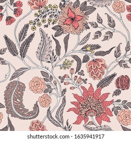 Seamless pattern with fantasy flowers, natural wallpaper, floral decoration curl illustration. Paisley print hand drawn elements. Home decor.