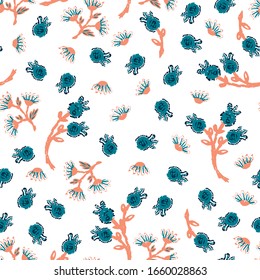 Seamless pattern with fantasy flowers, natural wallpaper, floral decoration curl illustration. Paisley print hand drawn elements. Home decor.