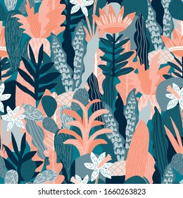 Seamless pattern with fantasy flowers, natural wallpaper, floral decoration curl illustration. Paisley print hand drawn elements. Abstract jungle