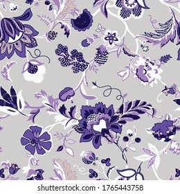 Seamless pattern with fantasy flowers, natural wallpaper, floral decoration curl illustration. Paisley print hand drawn elements. Home decor.