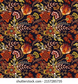 Seamless pattern with fantasy flowers, natural wallpaper, floral decoration curl illustration. Paisley print hand drawn elements. Home decor. Bright orange on dark blue